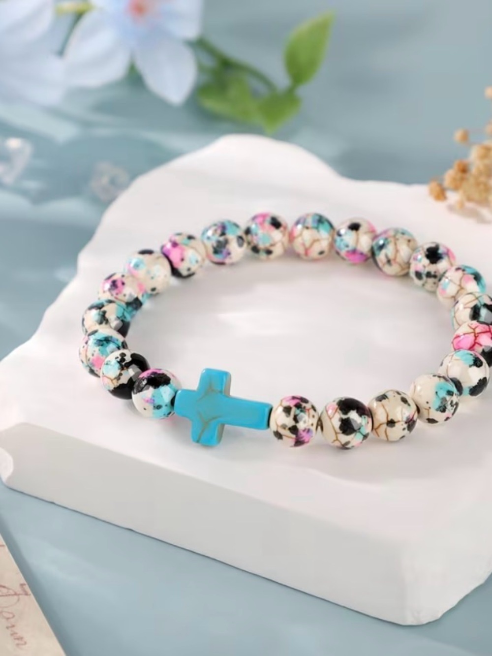 Multicolor Beaded Bracelet with Turquoise Cross